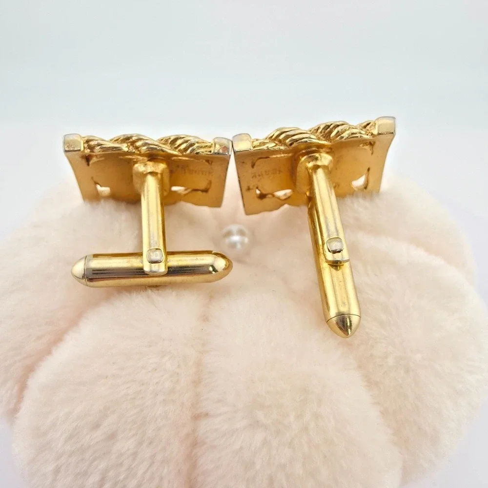 Vtg 80 Yr SWANK Cufflinks Deep Red Cabochons Mid-Century Rope Frame Gold Plate